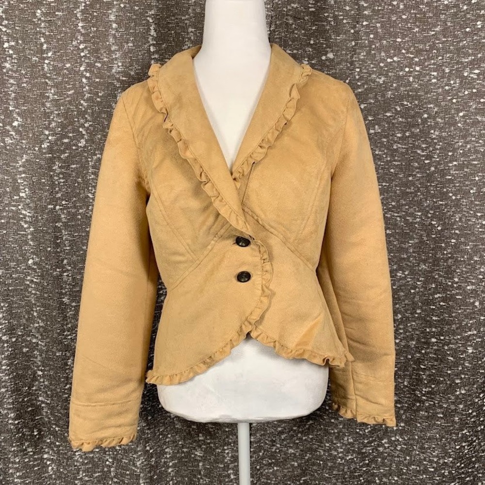 Faded Glory Tan Faux Suede Ruffle Trim Blazer Jacket Boho Y2K Women's Small